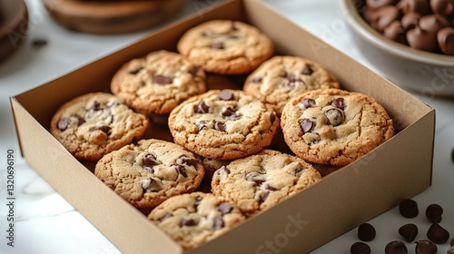 On a clean white kitchen table, a cardboard box full of freshly baked cookies offers a tempting treat.