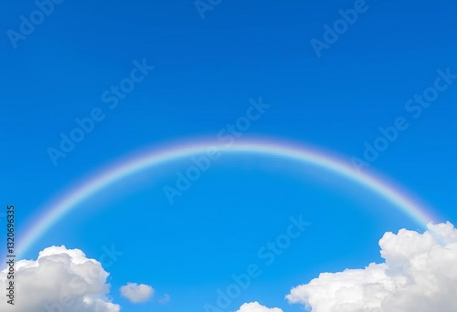 Vast blue sky, vibrant rainbow arching across fluffy white clouds, photography, beautiful