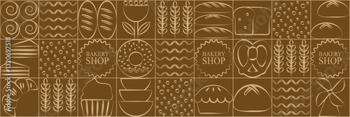 Abstract bakery menu background with line drawing. Geometric pattern bread, croissant, donut. Bakery line pattern.