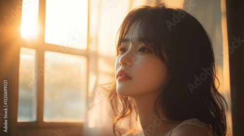 Free Download Portrait of Serene Asian Woman Bathed in Golden Sunlight Streaming Through Window Frames - GFXLoad