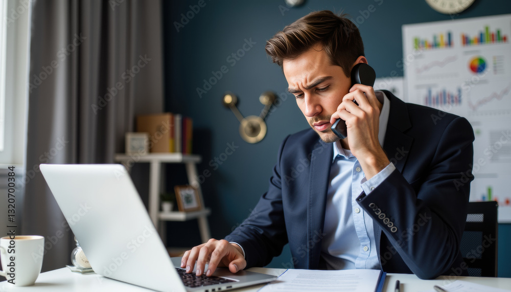 Business professional engaged in phone call and analyzing work on laptop in office environment Business professional engaged in phone call and analyzing work on laptop in office environment