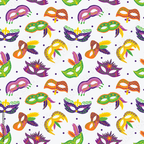 Mardi Gras Parade Masquerade Masks on White Seamless Vector Pattern Design