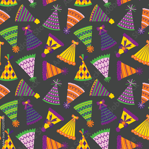 Mardi Gras Parade Party Hats on Gray Seamless Vector Pattern Design