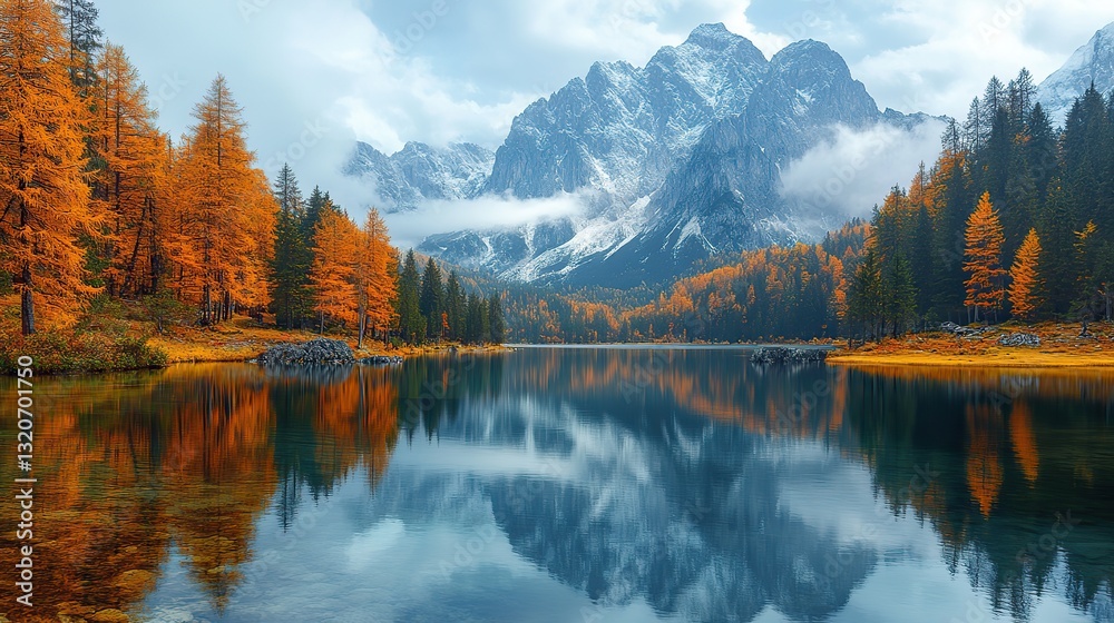 Obraz premium On sunny day, calm mountain lake reflects peaks and trees under cloudy sky creating breathtaking natural landscape.