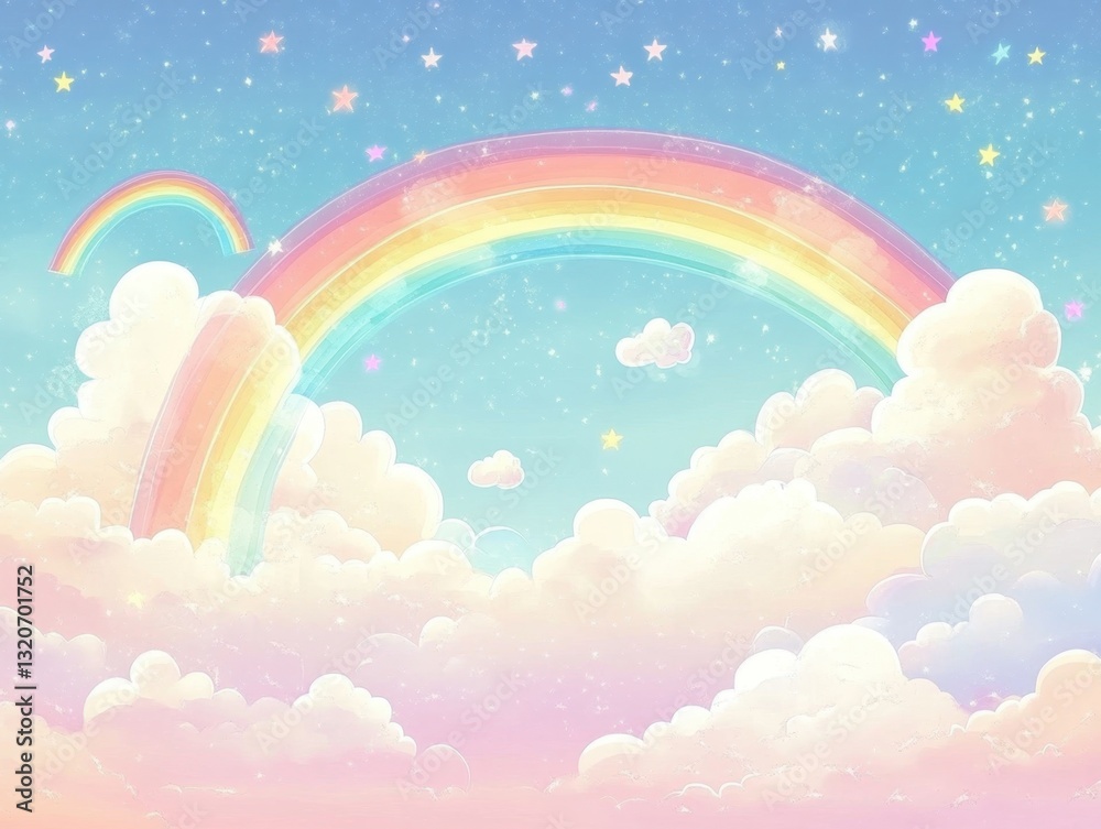 A colorful rainbow is in the sky with clouds and stars A colorful rainbow is in the sky with clouds and stars