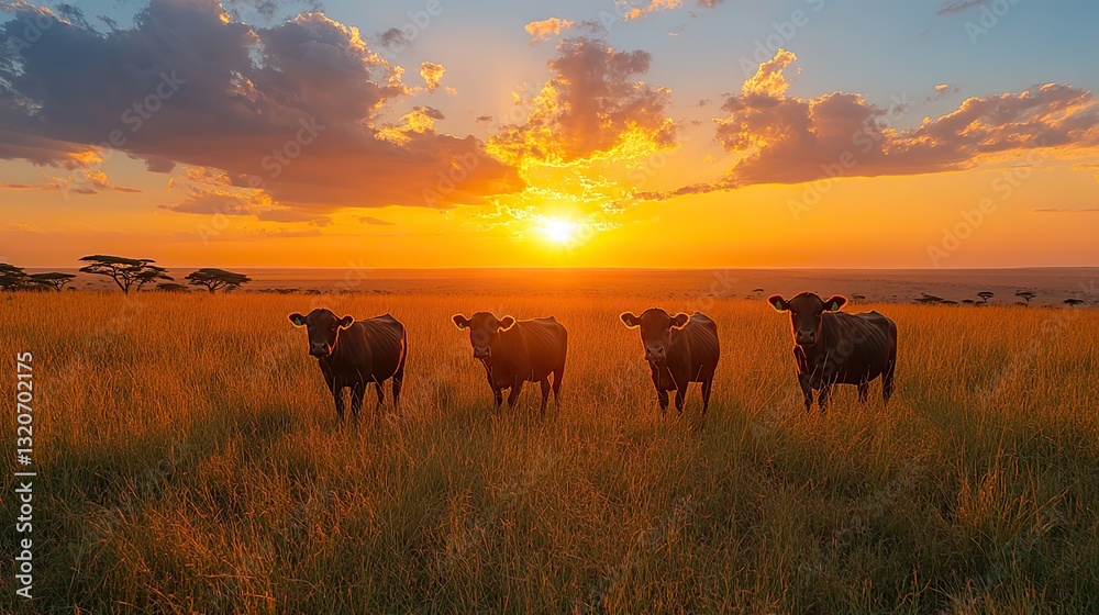 On the African savanna, four cows graze peacefully in a golden meadow during a breathtaking sunset. On the African savanna, four cows graze peacefully in a golden meadow during a breathtaking sunset.
