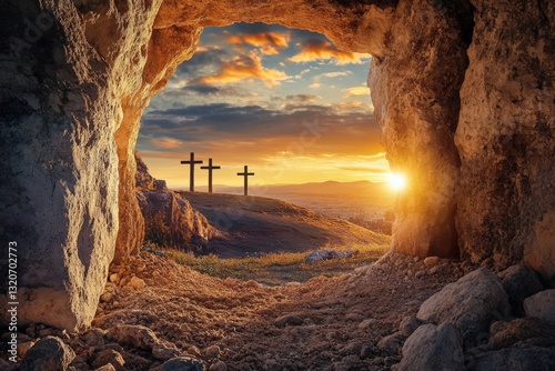 A serene landscape depicting three crosses on a hill at sunset, framed by a cave entrance, symbolizing hope, reflection, and spiritual transcendence in nature's beauty..