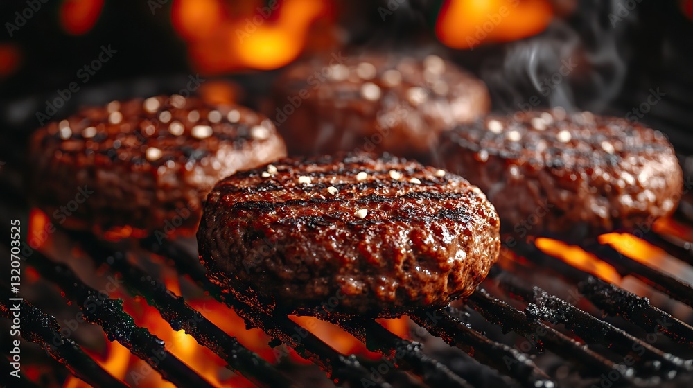 Over a flaming grill, four perfectly seared hamburger patties levitate, creating a dynamic, mouthwatering scene against a dark background. Over a flaming grill, four perfectly seared hamburger patties levitate, creating a dynamic, mouthwatering scene against a dark background.
