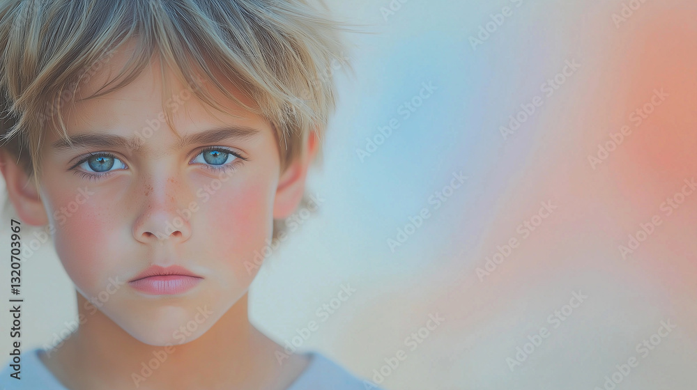 Intense portrait of a young boy with striking blue eyes against a soft pastel background during a sunny day Intense portrait of a young boy with striking blue eyes against a soft pastel background during a sunny day