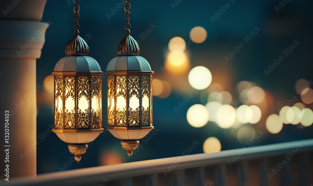 Two delicate white and gold lanterns sway gently in the evening breeze, suspended by ornate golden chains that glisten in the soft ambient light