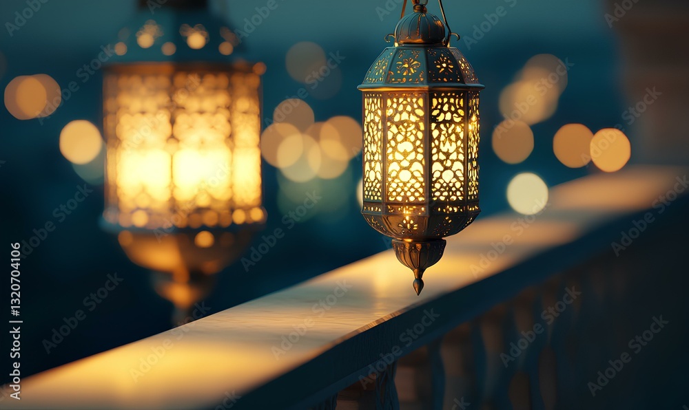 Two delicate white and gold lanterns sway gently in the evening breeze, suspended by ornate golden chains that glisten in the soft ambient light