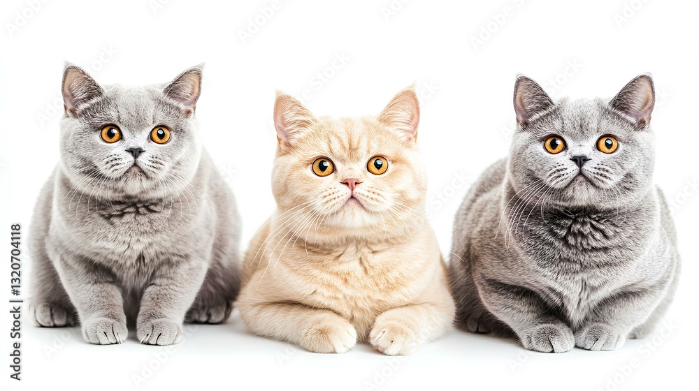 Three British shorthair cat sitting and looking in front isolated on white background