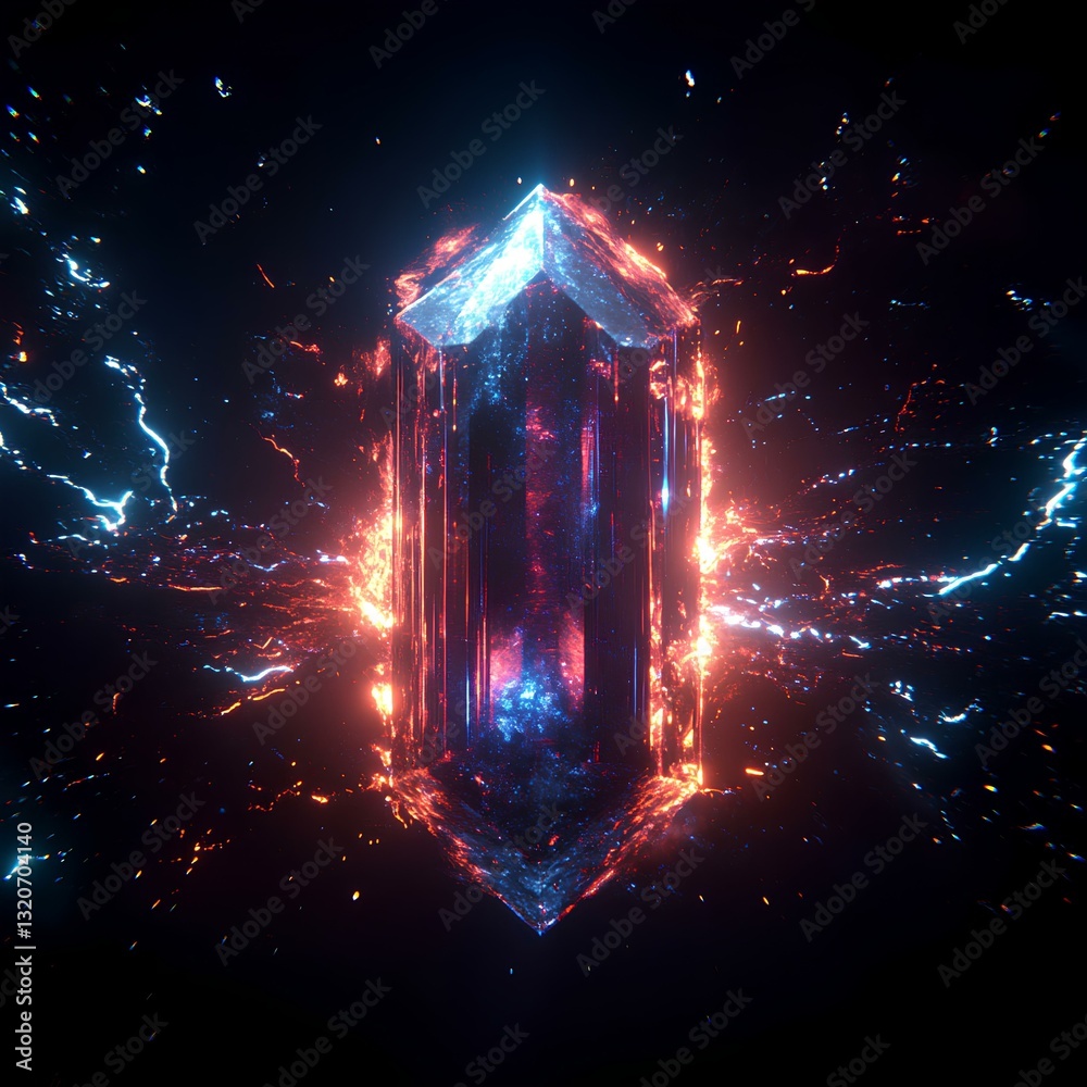 Thunder and lightning wrap around the crystal, Black background, heavy metal, Neon light