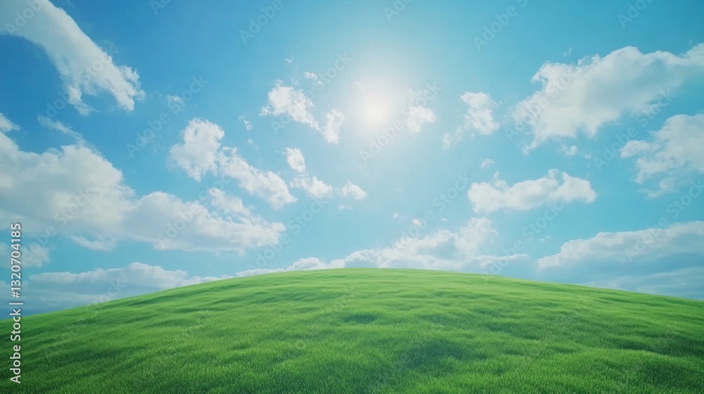 Fototapeta premium Sunny day, lush green hill, blue sky with fluffy clouds