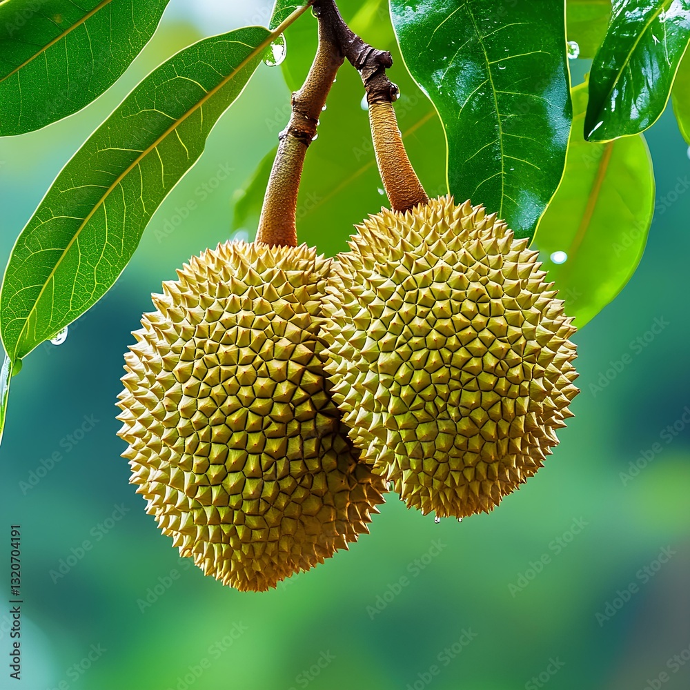 Two fresh, ripe durians hanging on a branch, dotted with green leaves and water drops, the bright colors and embellishment of durian leaves create a natural.