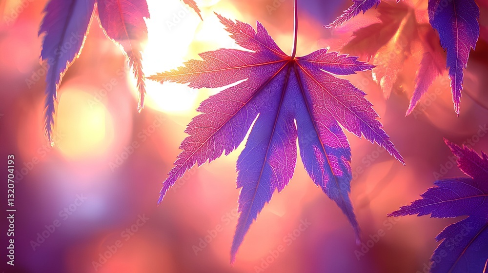 The sun shines through the purple-red maple leaves, and purple-red autumn is full of warmth. The background features blurred purple-red foliage in warm tones