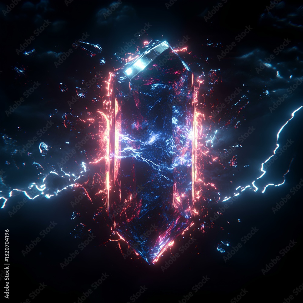 Thunder and lightning wrap around the crystal, Black background, heavy metal, Neon light