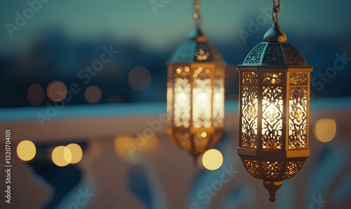 Two delicate white and gold lanterns sway gently in the evening breeze, suspended by ornate golden chains that glisten in the soft ambient light