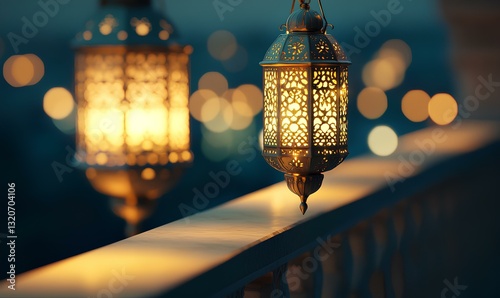 Obraz na płótnie Two delicate white and gold lanterns sway gently in the evening breeze, suspended by ornate golden chains that glisten in the soft ambient light w salonie