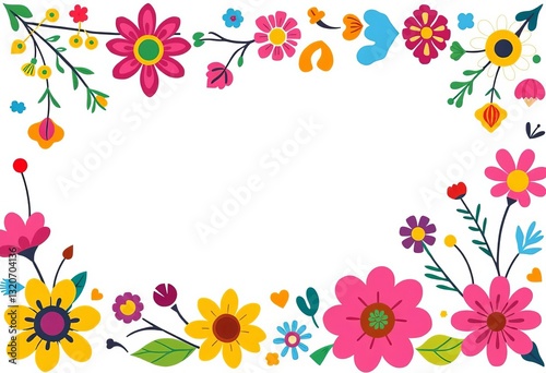 Vibrant floral frame with abstract shapes, traditional Mexican folk art style, bright, mexican