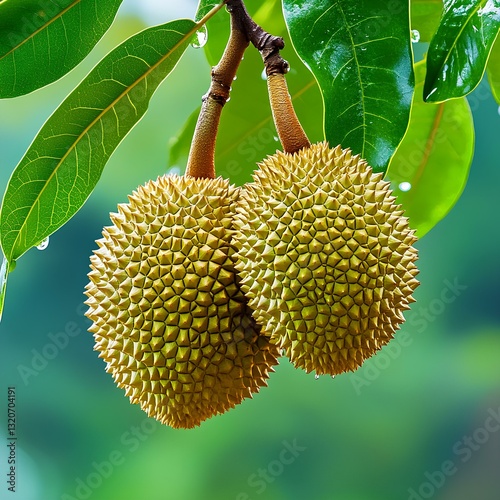 Obraz na płótnie Two fresh, ripe durians hanging on a branch, dotted with green leaves and water drops, the bright colors and embellishment of durian leaves create a natural. w salonie