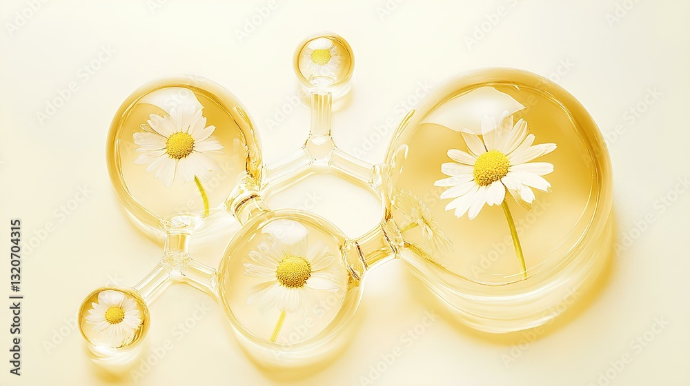 Transparent yellow molecular composition with daisies inside, white background, warm yellow style, close-up