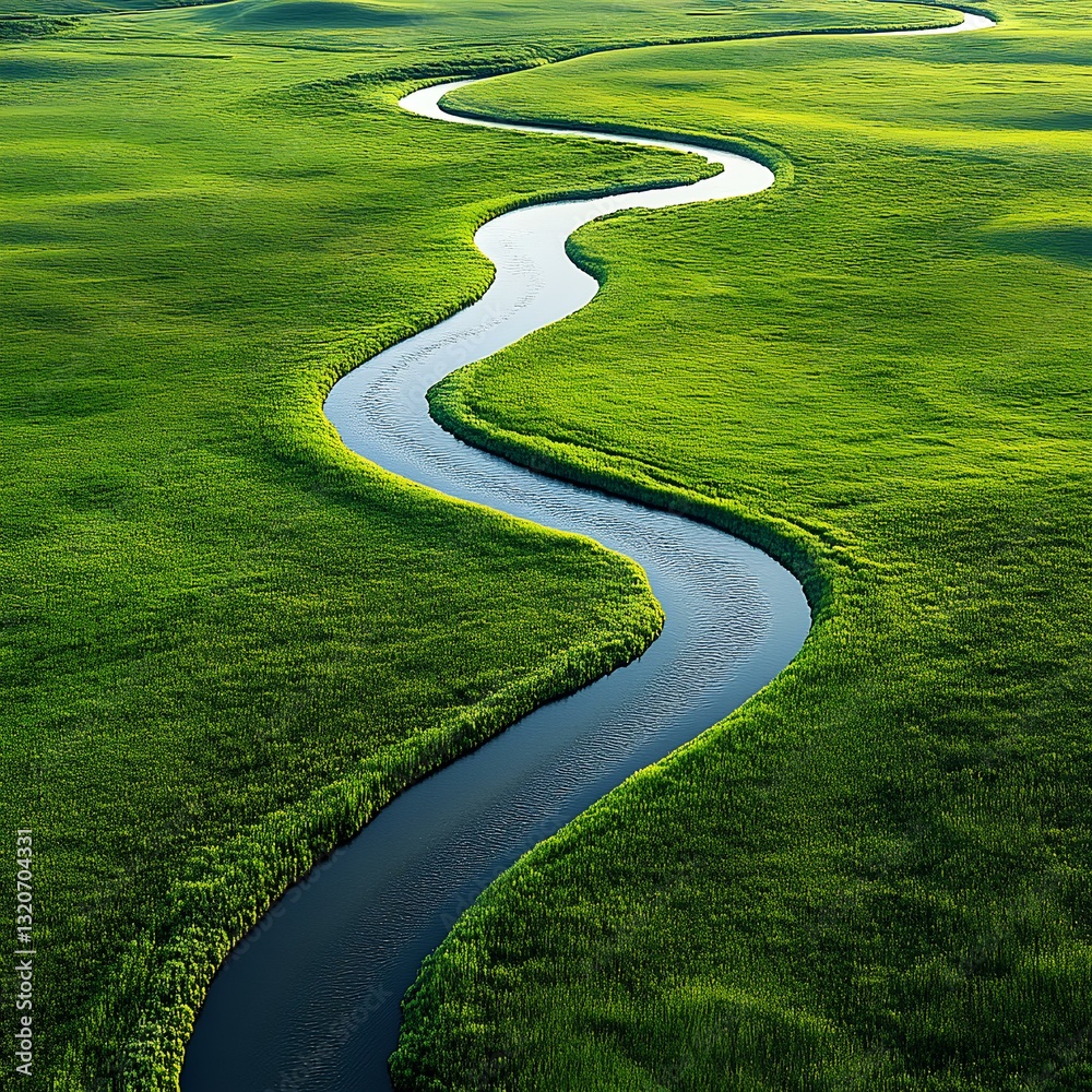 The winding river flows through the green grassland, creating an endless view of nature's beauty