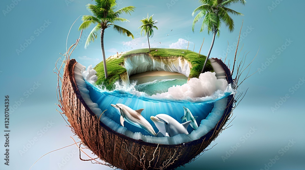 there is an island, lawn, beach, palm trees, ocean, dolphins inside the coconut shell