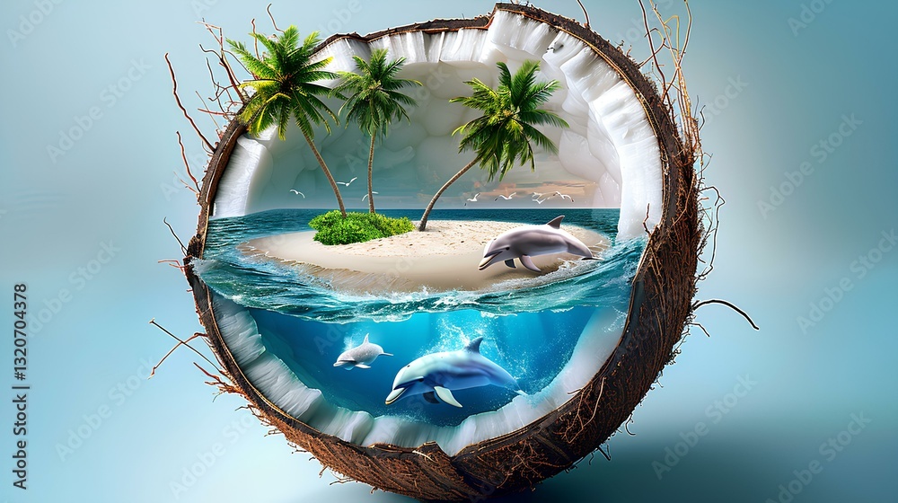 there is an island, lawn, beach, palm trees, ocean, dolphins inside the coconut shell