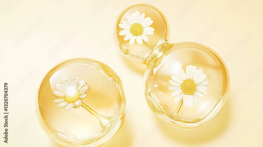 Transparent yellow molecular composition with daisies inside, white background, warm yellow style, close-up