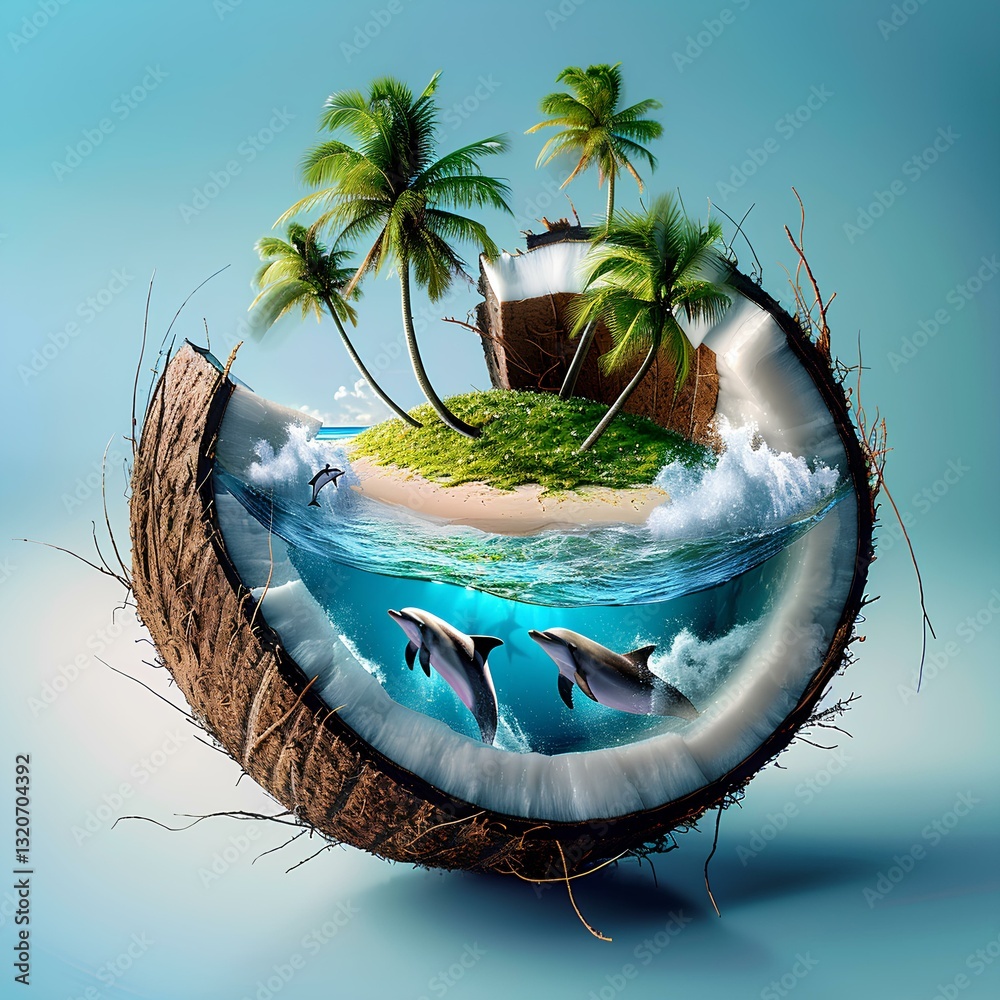 there is an island, lawn, beach, palm trees, ocean, dolphins inside the coconut shell