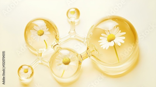 Obraz na płótnie Transparent yellow molecular composition with daisies inside, white background, warm yellow style, close-up w salonie
