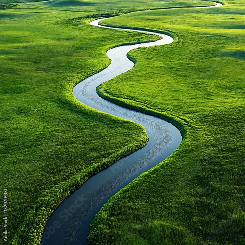 Obraz na płótnie The winding river flows through the green grassland, creating an endless view of nature's beauty w salonie