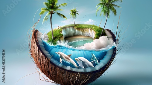 Obraz na płótnie there is an island, lawn, beach, palm trees, ocean, dolphins inside the coconut shell w salonie