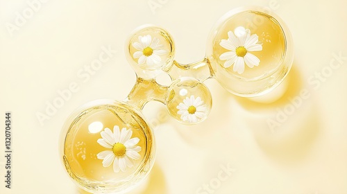 Obraz na płótnie Transparent yellow molecular composition with daisies inside, white background, warm yellow style, close-up w salonie