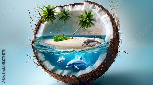 Obraz na płótnie there is an island, lawn, beach, palm trees, ocean, dolphins inside the coconut shell w salonie