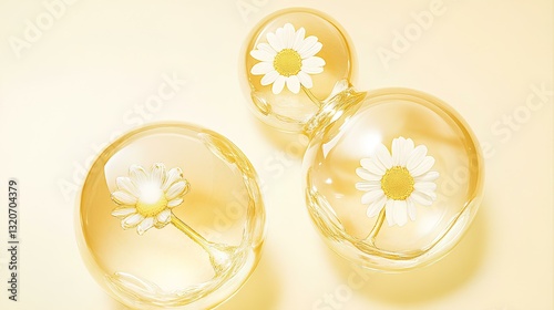 Obraz na płótnie Transparent yellow molecular composition with daisies inside, white background, warm yellow style, close-up w salonie
