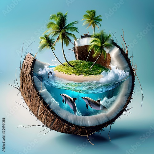 Obraz na płótnie there is an island, lawn, beach, palm trees, ocean, dolphins inside the coconut shell w salonie