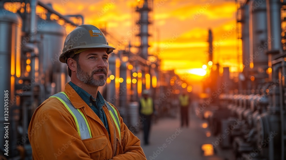 A professional in protective gear oversees refinery operations at sunset, highlighting the automation and engineering of the petrochemical sector in an orange glow.