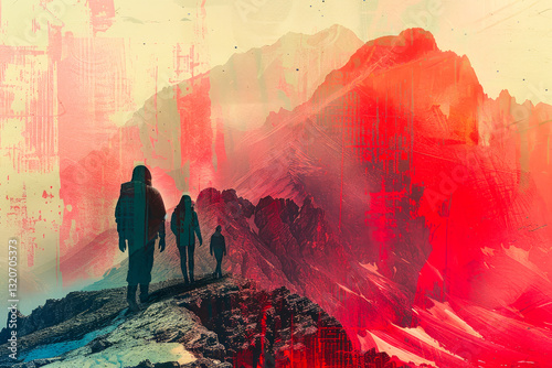 A vibrant depiction of three hikers traversing rugged mountain terrain, blending natural beauty with abstract artistic elements in vivid colors. photo