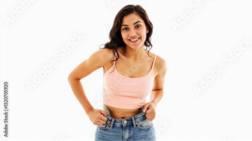 Fit and Toned Woman Celebrating Weight Loss in Stylish Denim – Healthy Diet, Exercise, and Wellness