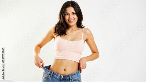 Fit and Toned Woman Celebrating Weight Loss in Stylish Denim – Healthy Diet, Exercise, and Wellness