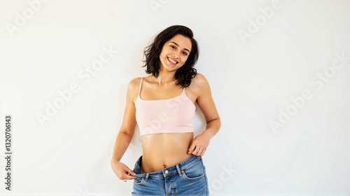 Fit and Toned Woman Celebrating Weight Loss in Stylish Denim – Healthy Diet, Exercise, and Wellness