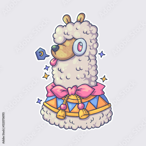 A fluffy llama wearing a scarf. Cartoon vector character. Trendy style. Vector illustration.