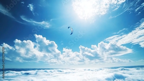Sunny day, kitesurfing above ocean waves under a vibrant blue sky with fluffy white clouds