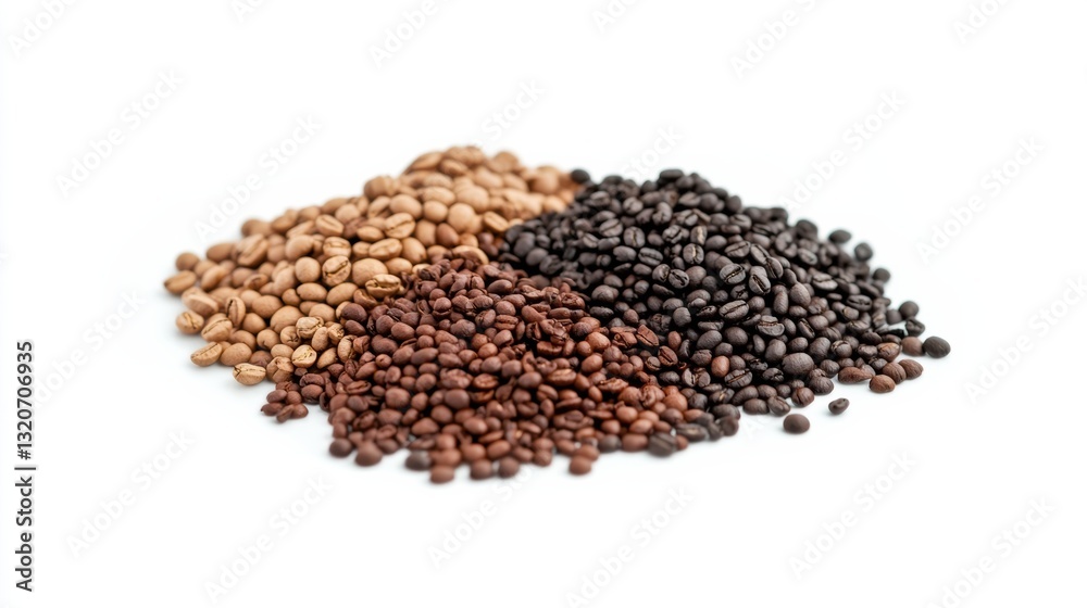 Different varieties of coffee beans displayed on a white background Different varieties of coffee beans displayed on a white background