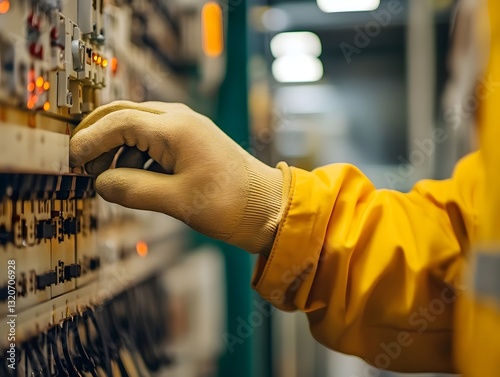 Electrician Wearing Insulated Gloves Handling Live Electrical Circuits at Workplace