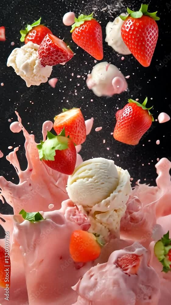 A vibrant explosion of strawberry ice cream and fresh strawberries against a dark backdrop