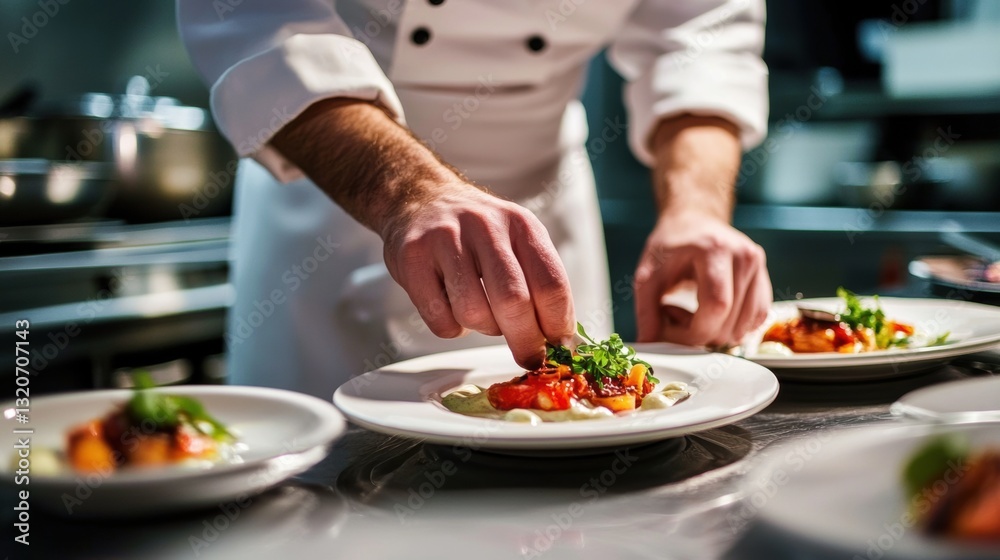 Chef preparing gourmet dish in a busy kitchen at dinner time Chef preparing gourmet dish in a busy kitchen at dinner time