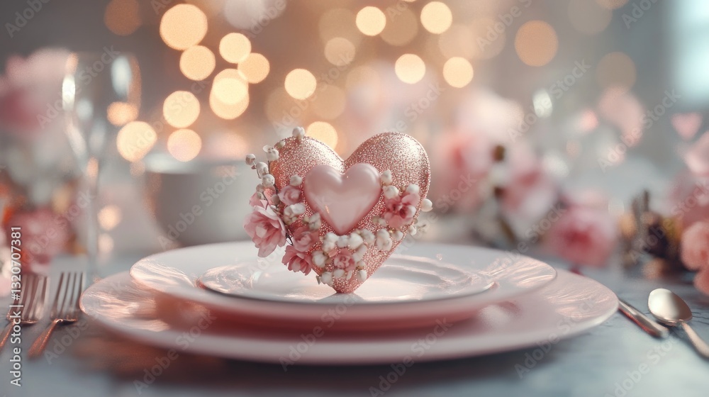 Romantic table setting with a delicate heart-shaped centerpiece adorned with pink flowers and pearls Romantic table setting with a delicate heart-shaped centerpiece adorned with pink flowers and pearls